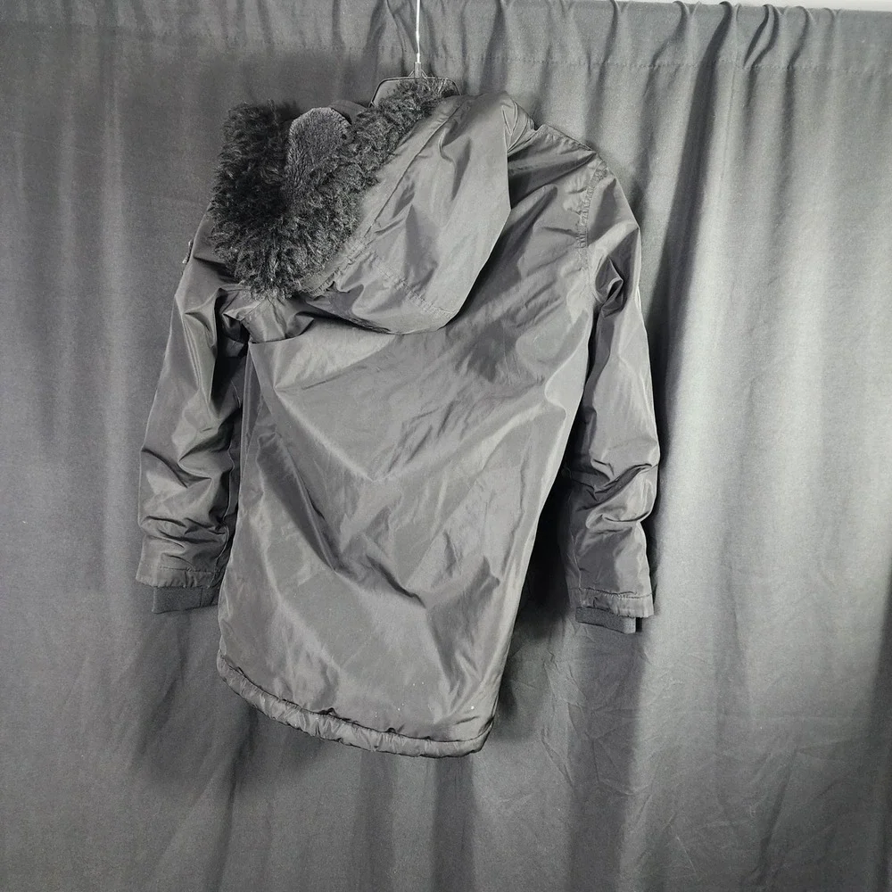Kids MOERDENG‎ Black Hooded Parka Jacket Patches and Faux Fur Trim Size 10-12